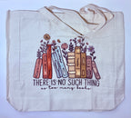 Tote bag with book and flower design and text on a light blue background